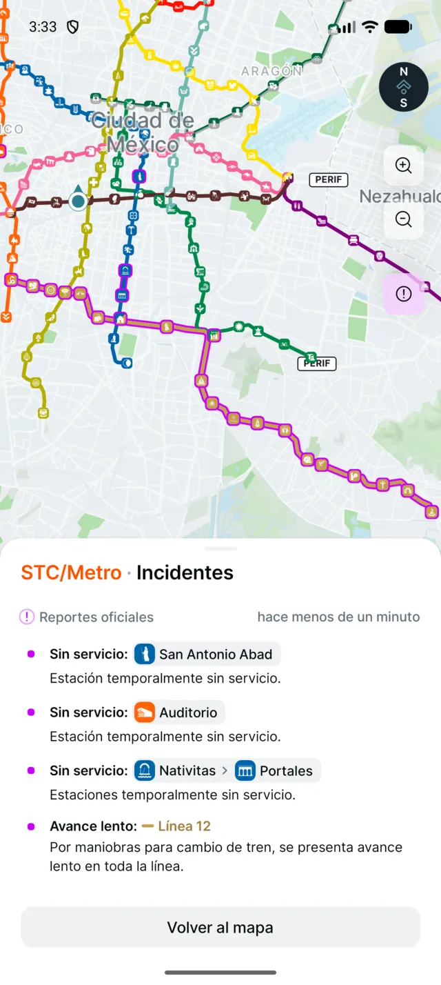 Pantalla de incidentes oficiales actualizados del Metro.