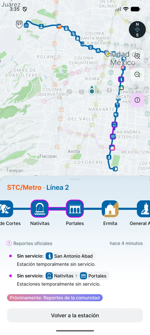 Pantalla de consulta de líneas del Metro.