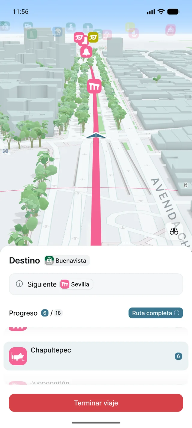 Pantalla de navegación en 3D durante un viaje activo.