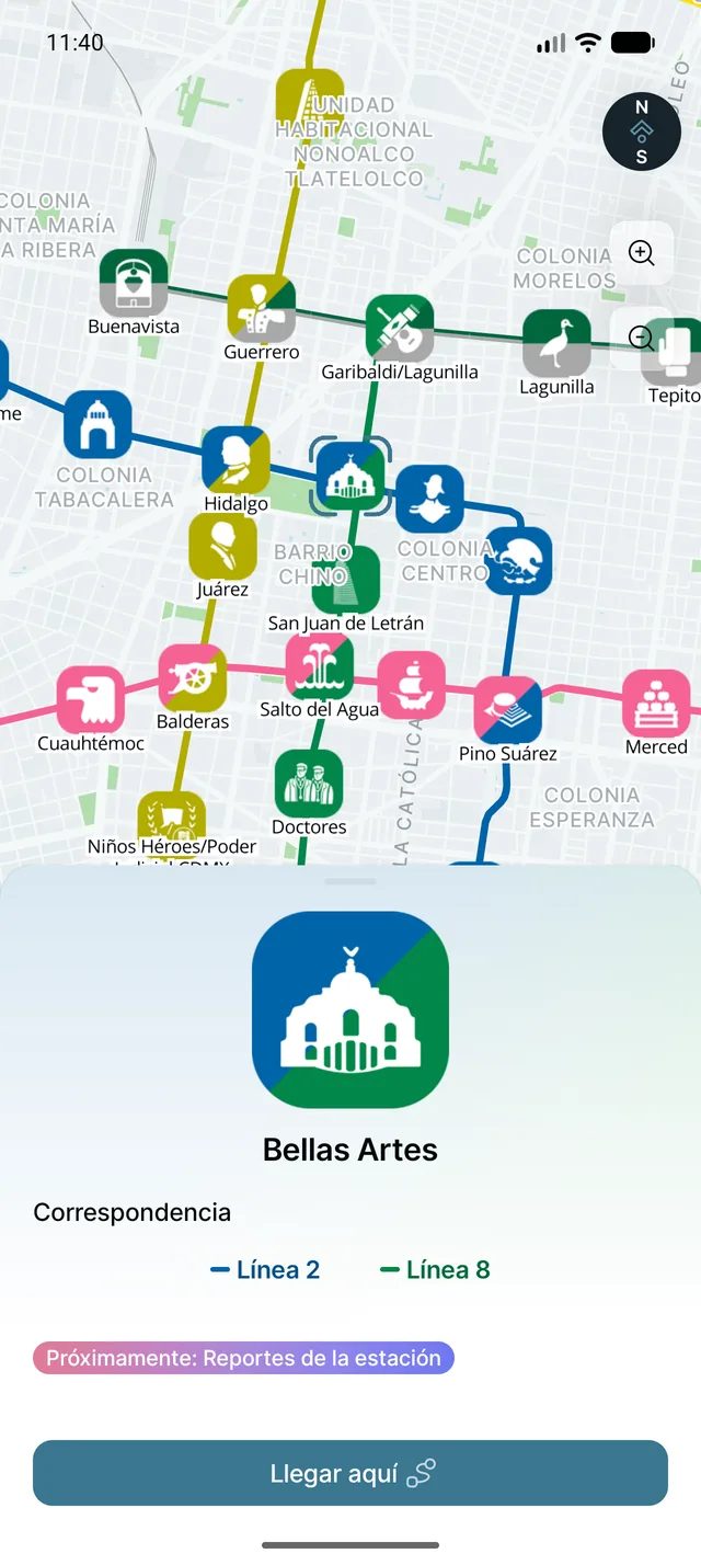 Pantalla de detalle de estación Bellas Artes.